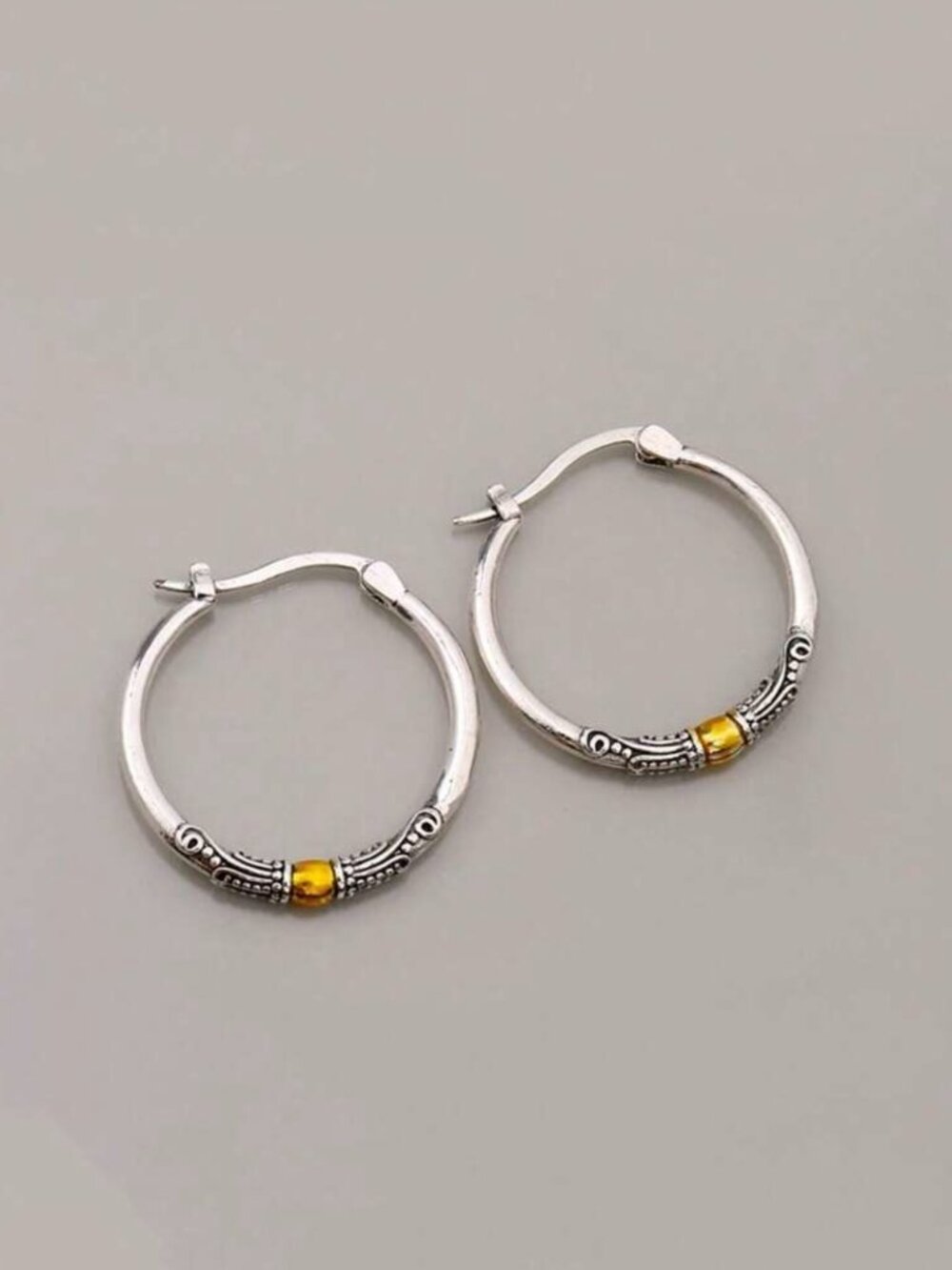 Silver Tone Hoop Earrings with Amber Accent Bead